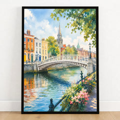 Dublin Ha'penny Bridge on the Liffey watercolour art print in a black frame on a wooden floor