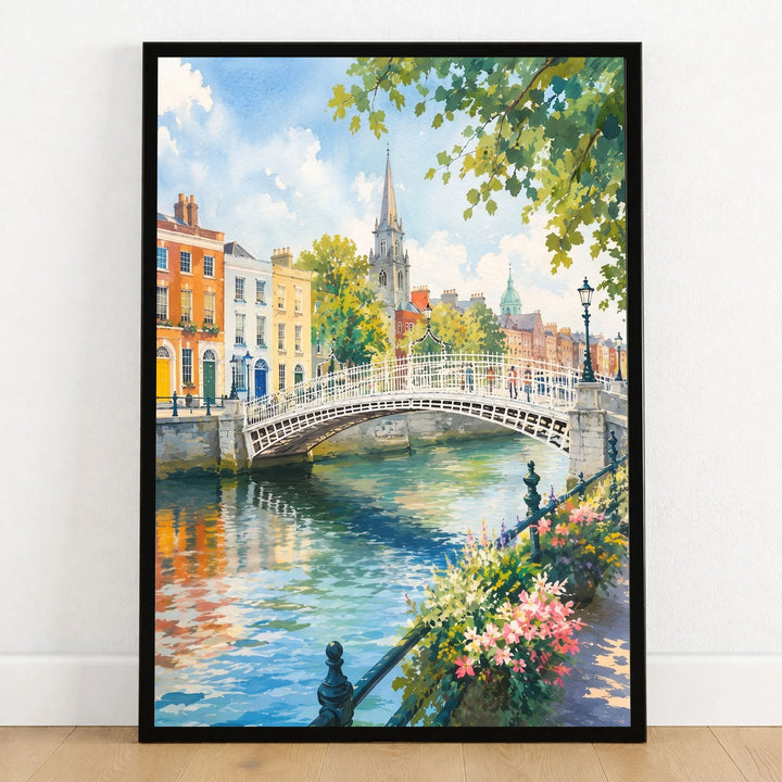 Dublin Ha'penny Bridge on the Liffey watercolour art print in a black frame on a wooden floor