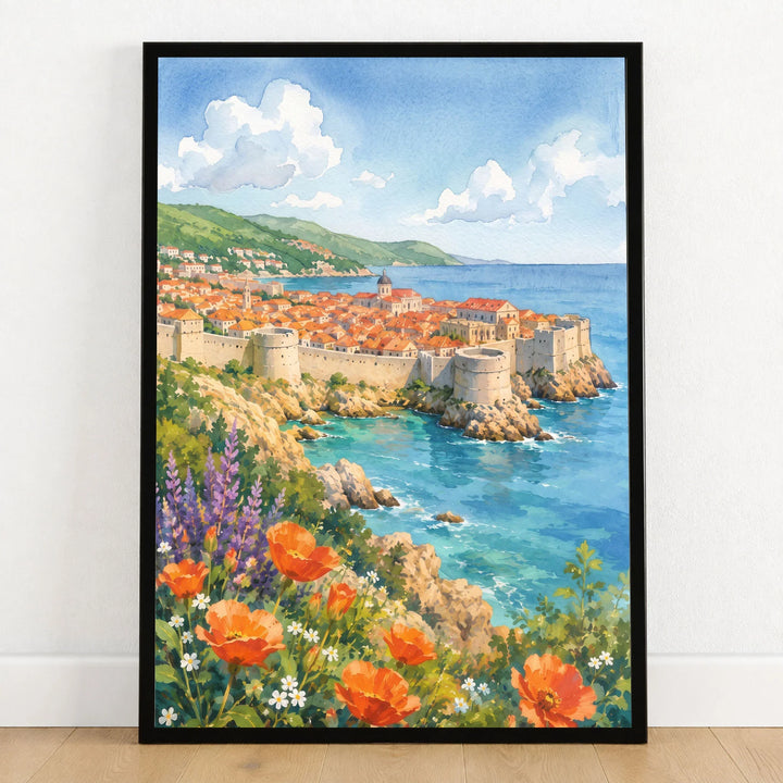Dubrovnik old town walls and sea watercolour art print in a black frame on a wooden floor