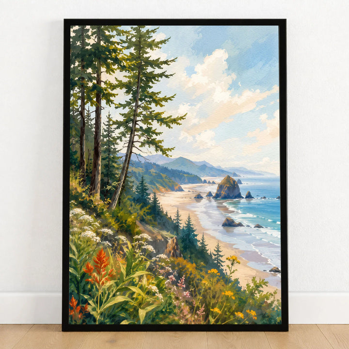 Ecola State Park Cannon Beach sea stacks watercolour art print in a black frame on a wooden floor