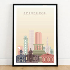 Edinburgh city skyline art print in a black frame on a wooden floor