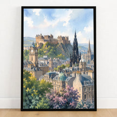 Edinburgh castle and Scott Monument watercolour art print in a black frame on a wooden floor