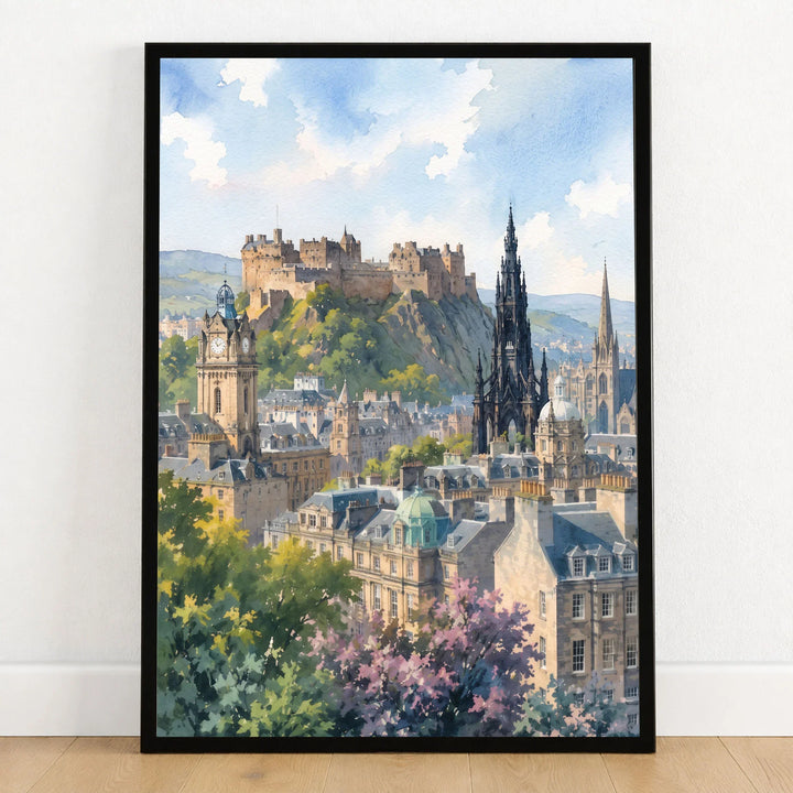Edinburgh castle and Scott Monument watercolour art print in a black frame on a wooden floor