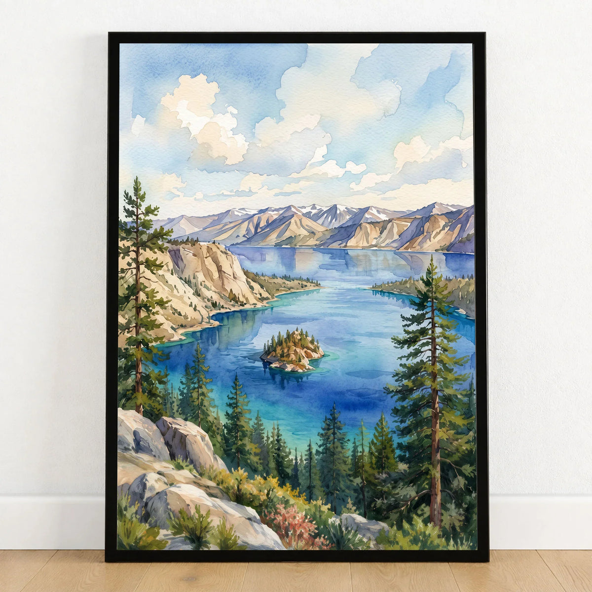 Emerald Bay State Park Fannette Island in Emerald Bay watercolour art print in a black frame on a wooden floor