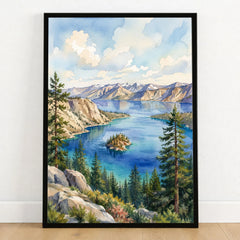 Emerald Bay State Park Fannette Island in Emerald Bay watercolour art print in a black frame on a wooden floor