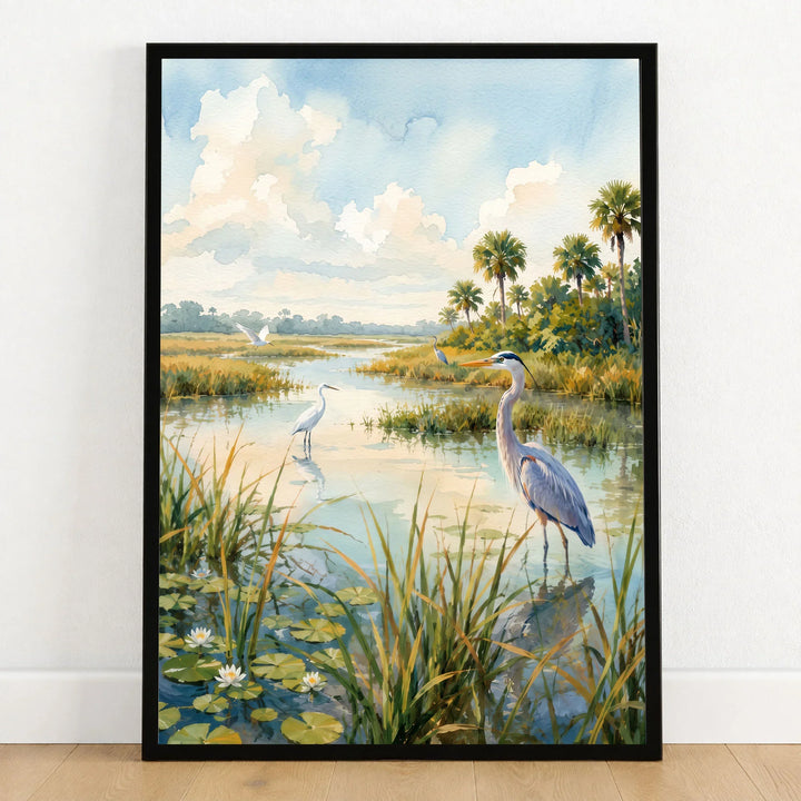 Everglades National Park herons in the wetlands watercolour art print in a black frame on a wooden floor