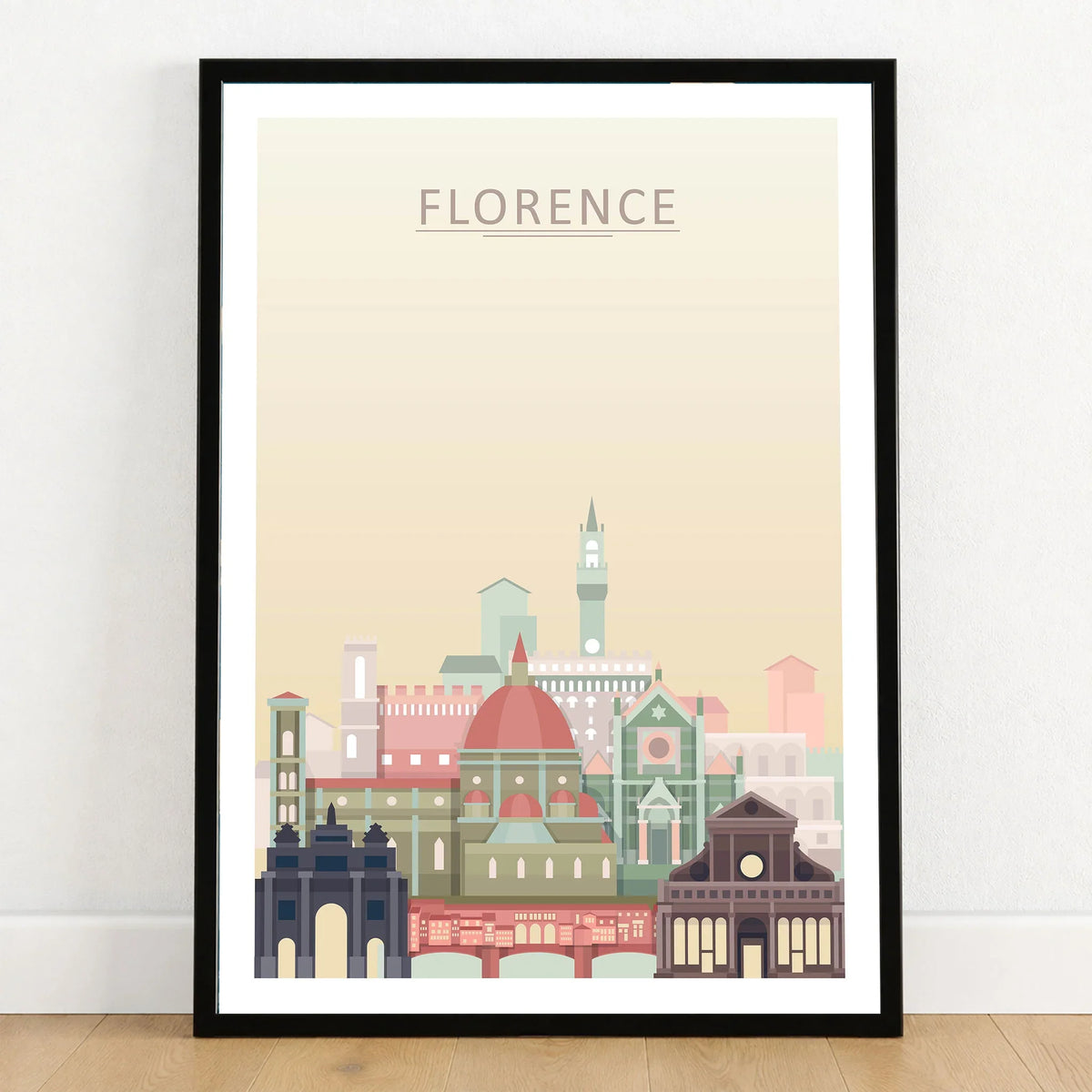 Florence city skyline art print in a black frame on a wooden floor