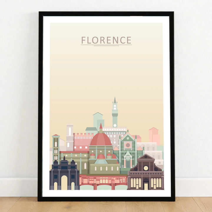 Florence city skyline art print in a black frame on a wooden floor