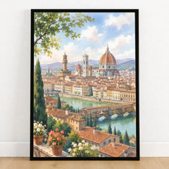 Florence Duomo and Ponte Vecchio watercolour art print in a black frame on a wooden floor