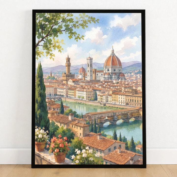 Florence Duomo and Ponte Vecchio watercolour art print in a black frame on a wooden floor