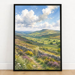 Forest of Bowland moorland valley and stone wall watercolour art print in a black frame on a wooden floor