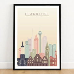 Frankfurt city skyline art print in a black frame on a wooden floor