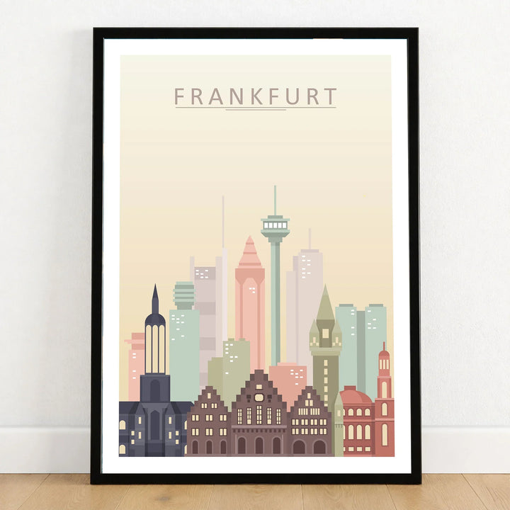 Frankfurt city skyline art print in a black frame on a wooden floor