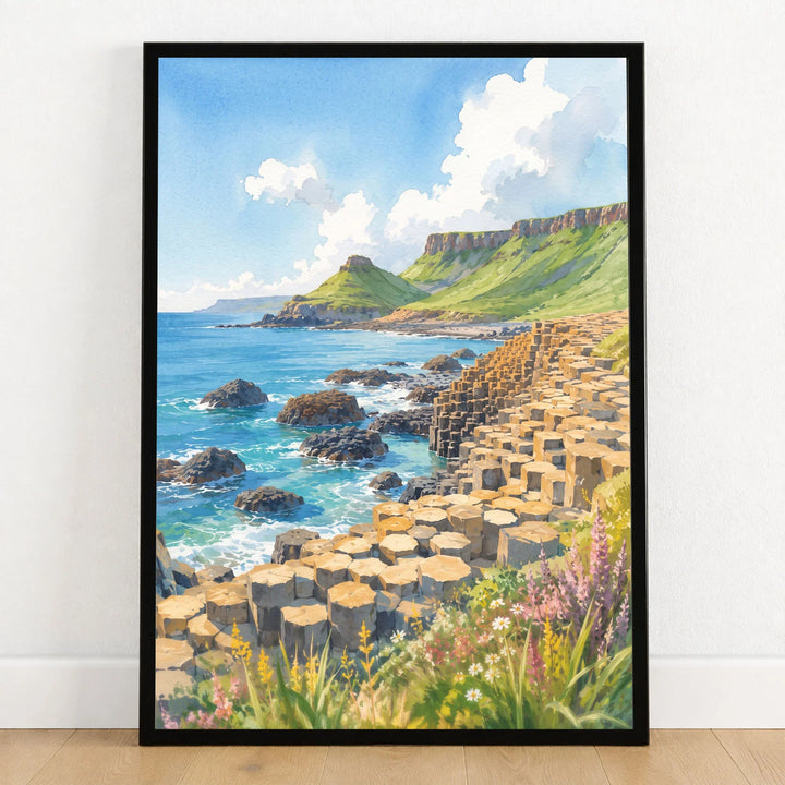 Giant's Causeway basalt columns watercolour art print in a black frame on a wooden floor