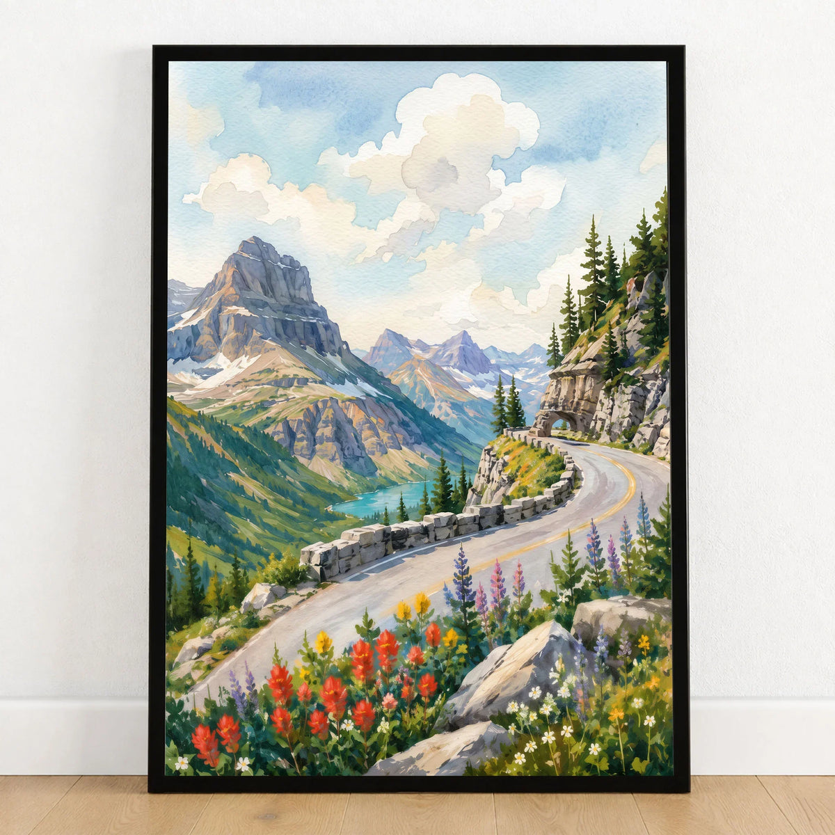Glacier National Park Going-to-the-Sun Road watercolour art print in a black frame on a wooden floor