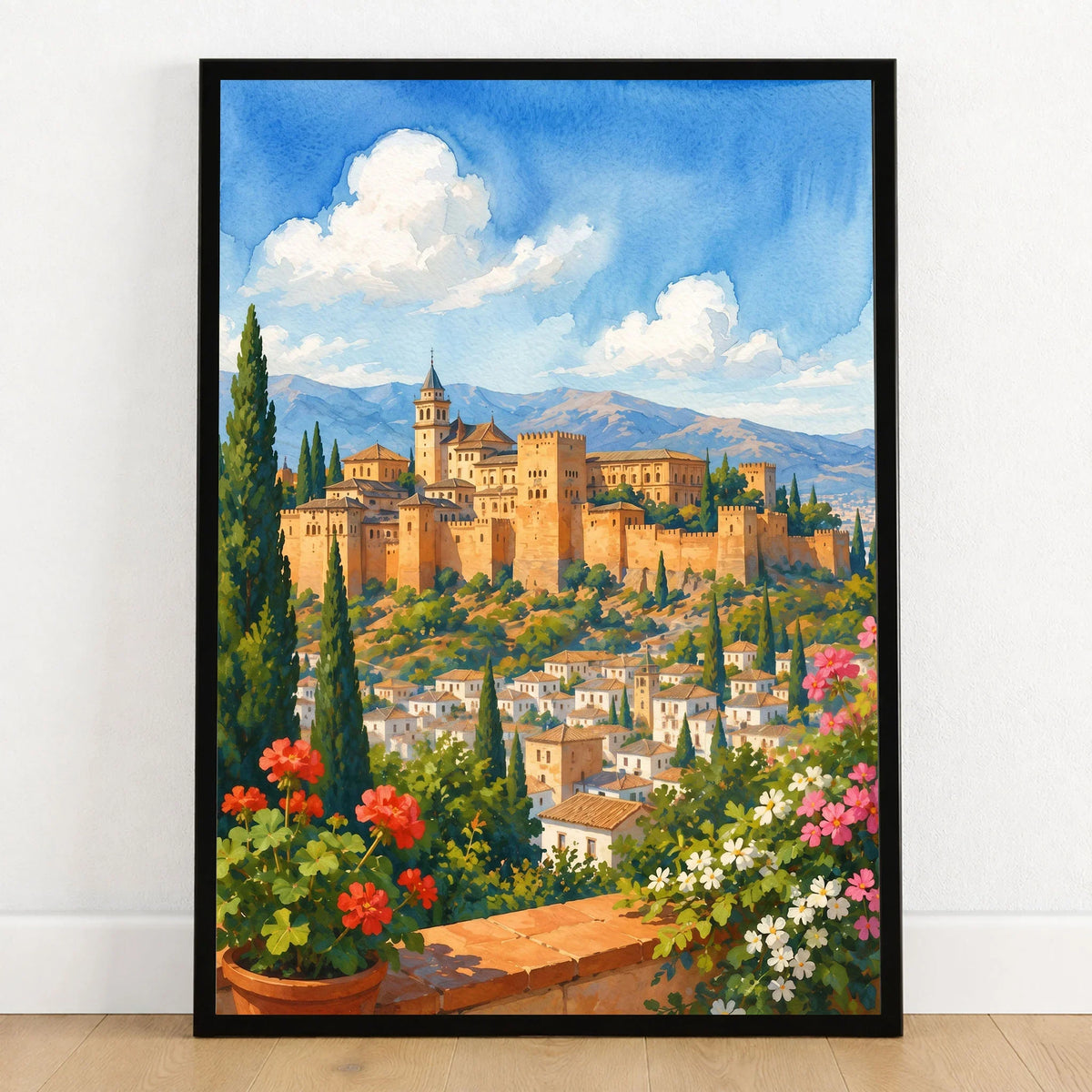 Granada Alhambra palace watercolour art print in a black frame on a wooden floor