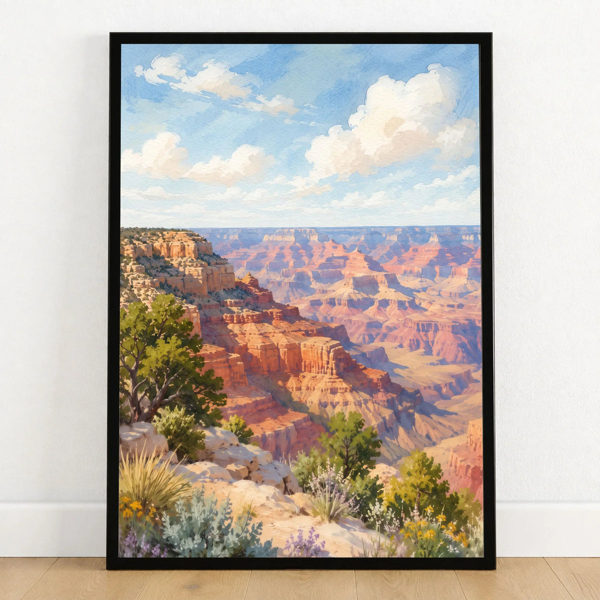 Grand Canyon National Park view from the South Rim watercolour art print in a black frame on a wooden floor
