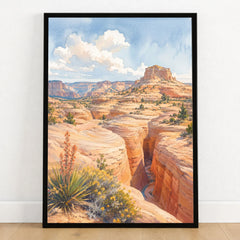 Grand Staircase-Escalante slot canyon and mesa watercolour art print in a black frame on a wooden floor