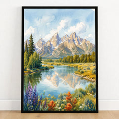 Grand Teton National Park Teton peaks over the Snake River watercolour art print in a black frame on a wooden floor