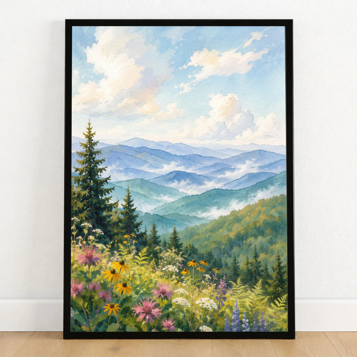 Great Smoky Mountains misty blue ridges watercolour art print in a black frame on a wooden floor