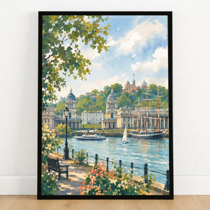 Greenwich Old Royal Naval College and Thames watercolour art print in a black frame on a wooden floor