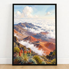 Haleakalā National Park summit crater above the clouds watercolour art print in a black frame on a wooden floor