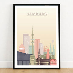 Hamburg city skyline art print in a black frame on a wooden floor