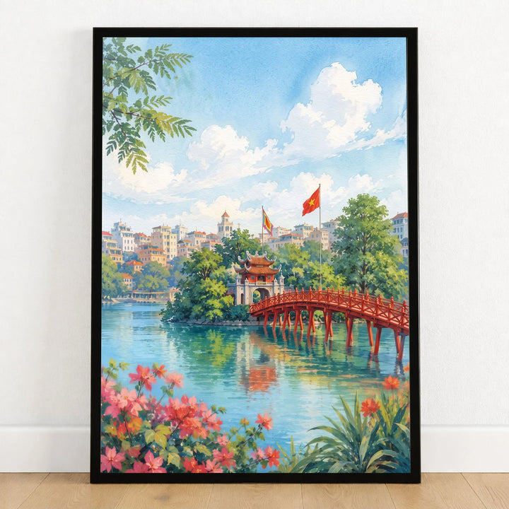 Hanoi red Huc Bridge on Hoan Kiem Lake watercolour art print in a black frame on a wooden floor