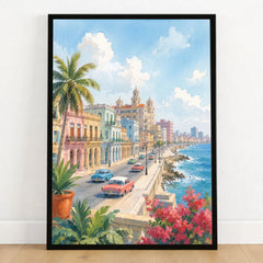 Havana Malecón seafront and classic cars watercolour art print in a black frame on a wooden floor