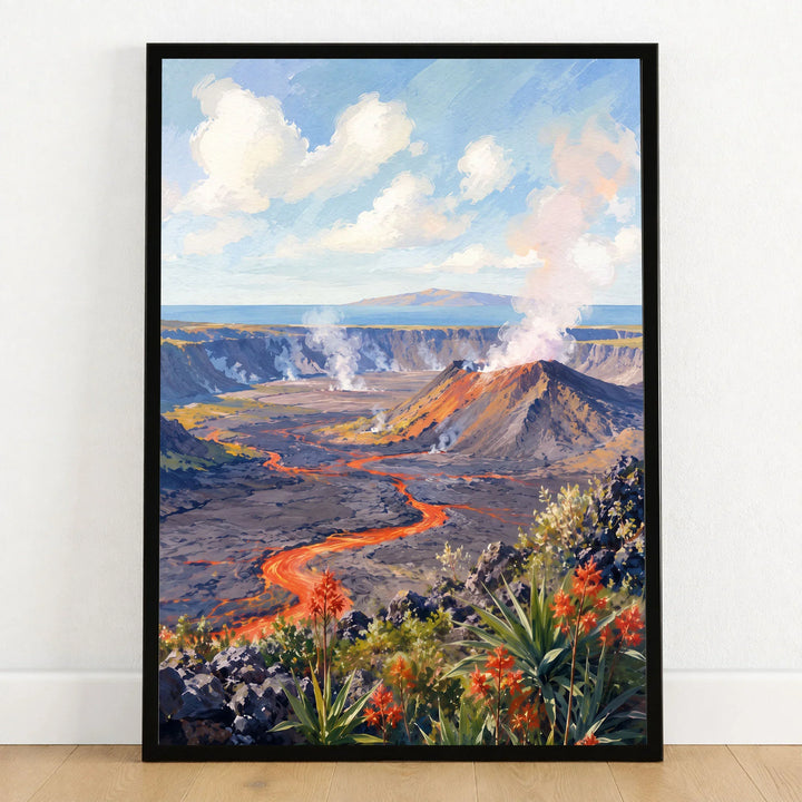 Hawaii Volcanoes National Park lava flow and steaming crater watercolour art print in a black frame on a wooden floor
