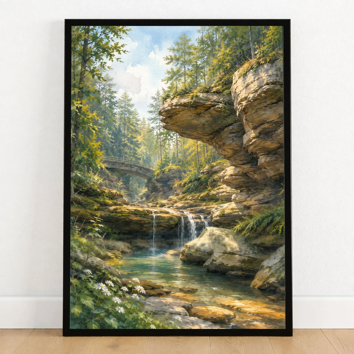 Hocking Hills State Park waterfall below sandstone cliffs watercolour art print in a black frame on a wooden floor