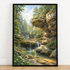 Hocking Hills State Park waterfall below sandstone cliffs watercolour art print in a black frame on a wooden floor