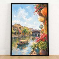 Hoi An lanterns and Japanese bridge watercolour art print in a black frame on a wooden floor