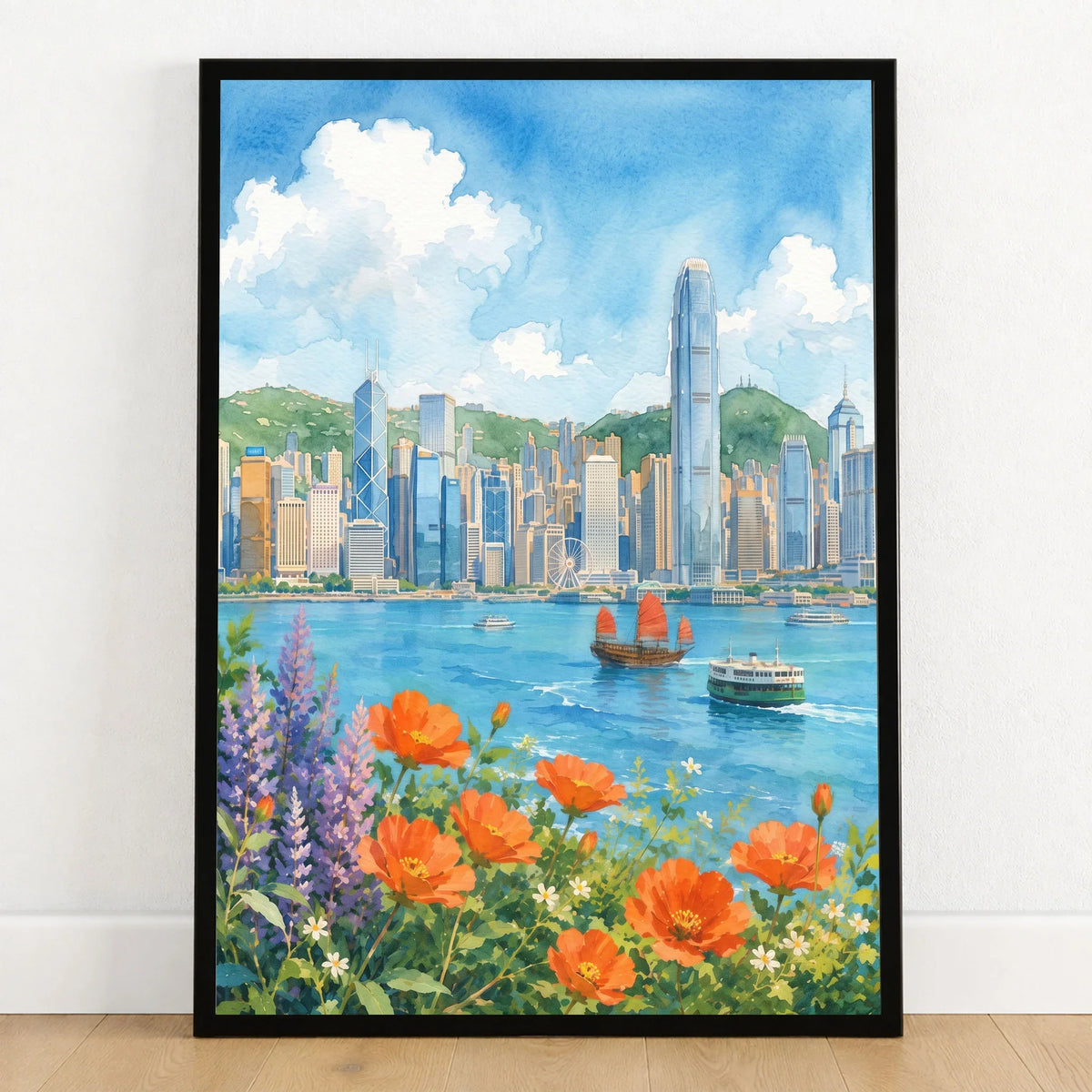 Hong Kong Victoria Harbour skyline with flowers watercolour art print in a black frame on a wooden floor