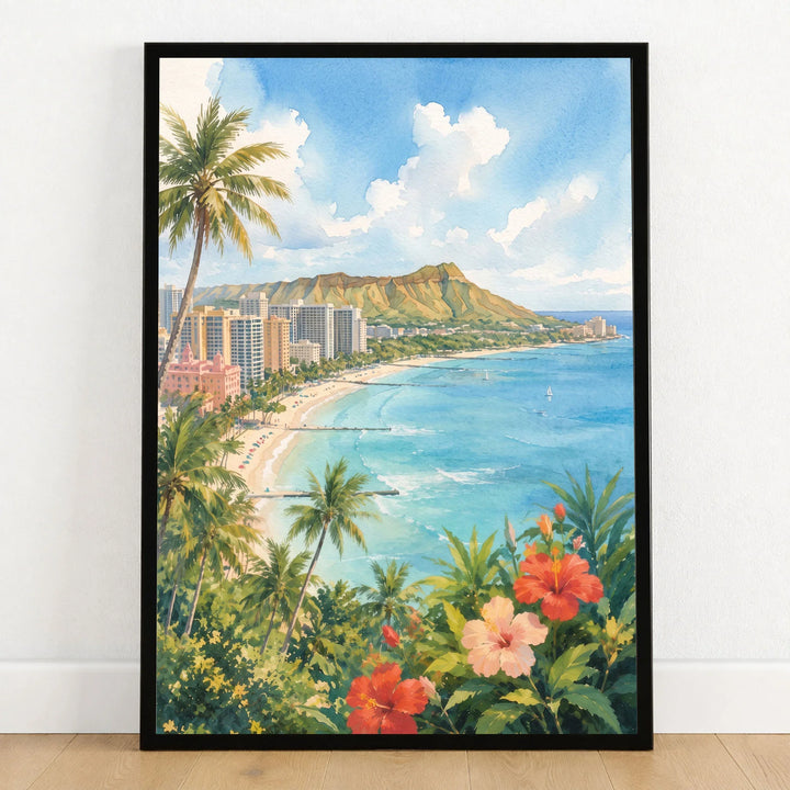 Honolulu Waikiki Beach and Diamond Head watercolour art print in a black frame on a wooden floor