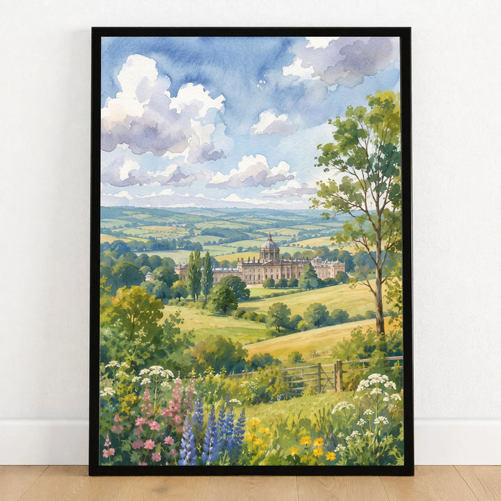 Howardian Hills Castle Howard parkland watercolour art print in a black frame on a wooden floor