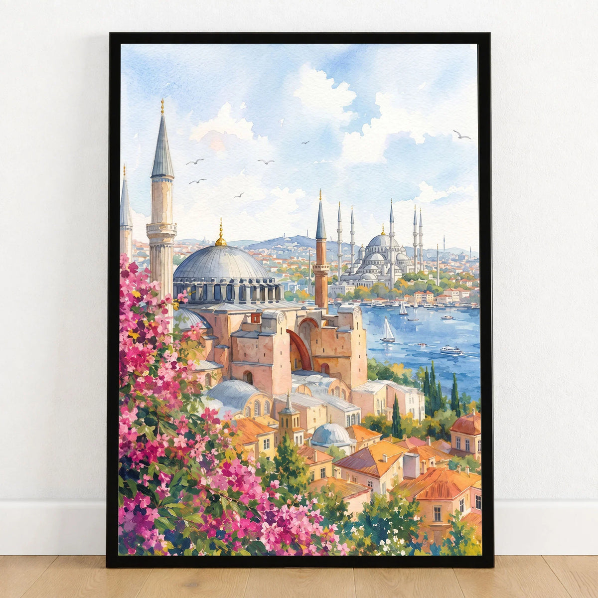 Istanbul Hagia Sophia and Blue Mosque watercolour art print in a black frame on a wooden floor