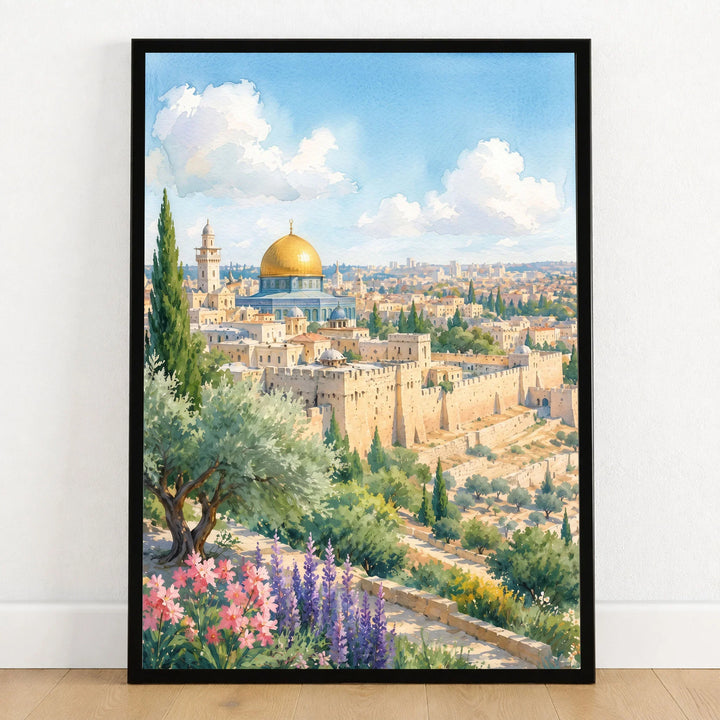 Jerusalem Dome of the Rock and Old City walls watercolour art print in a black frame on a wooden floor