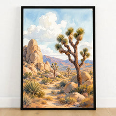 Joshua Tree National Park Joshua trees and granite boulders watercolour art print in a black frame on a wooden floor