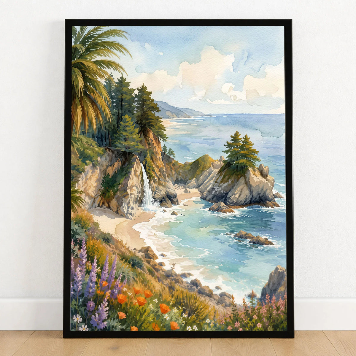 Julia Pfeiffer Burns State Park McWay Falls and cove watercolour art print in a black frame on a wooden floor