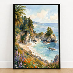 Julia Pfeiffer Burns State Park McWay Falls and cove watercolour art print in a black frame on a wooden floor
