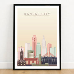 Kansas City city skyline art print in a black frame on a wooden floor