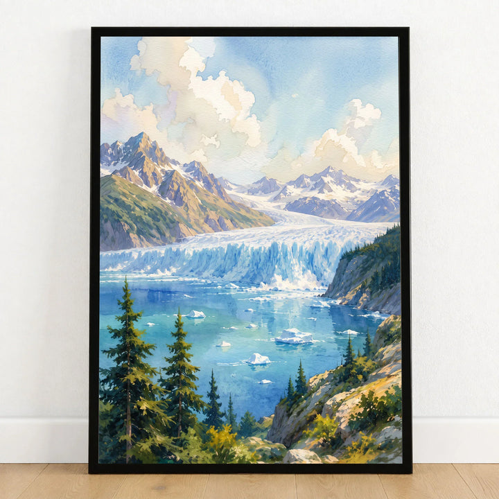 Kenai Fjords National Park tidewater glacier and fjord watercolour art print in a black frame on a wooden floor