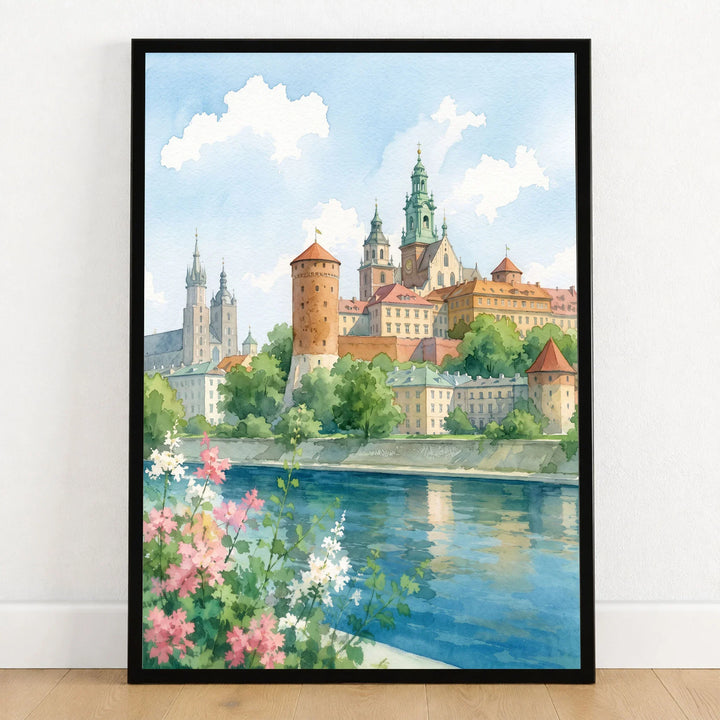 Kraków Wawel Castle on the Vistula watercolour art print in a black frame on a wooden floor