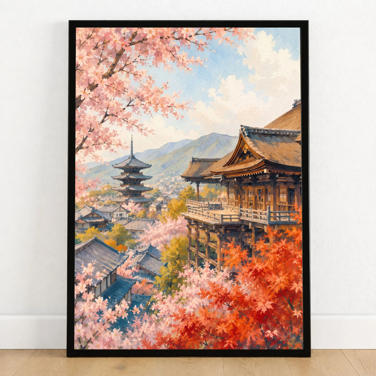 Kyoto Kiyomizu-dera temple and blossom watercolour art print in a black frame on a wooden floor