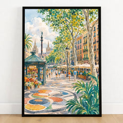 La Rambla Barcelona promenade and mosaic watercolour art print in a black frame on a wooden floor
