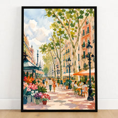 La Rambla Barcelona flower stalls and cafés watercolour art print in a black frame on a wooden floor