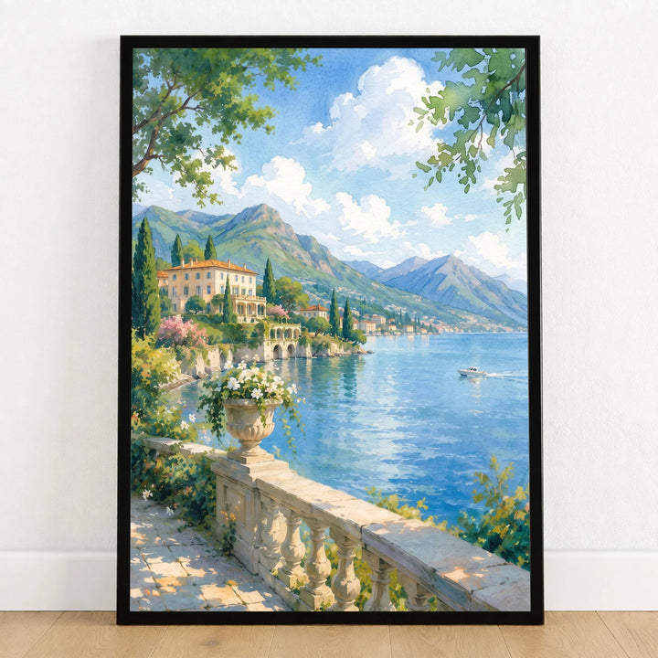 Lake Como lakeside villa and mountains watercolour art print in a black frame on a wooden floor