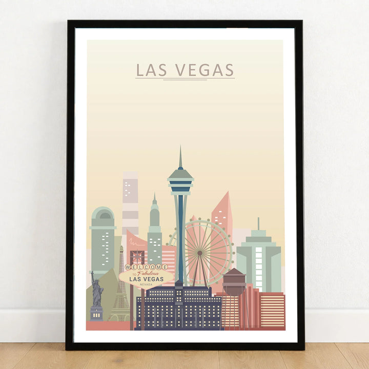 Las Vegas city skyline art print in a black frame on a wooden floor