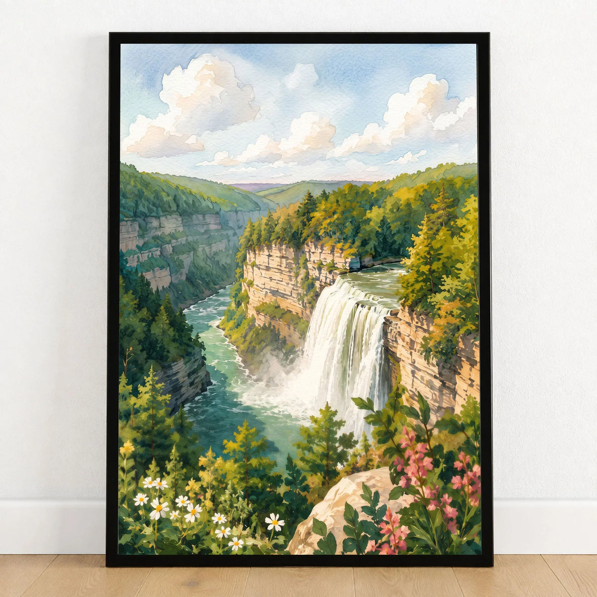 Letchworth State Park waterfall in the gorge watercolour art print in a black frame on a wooden floor